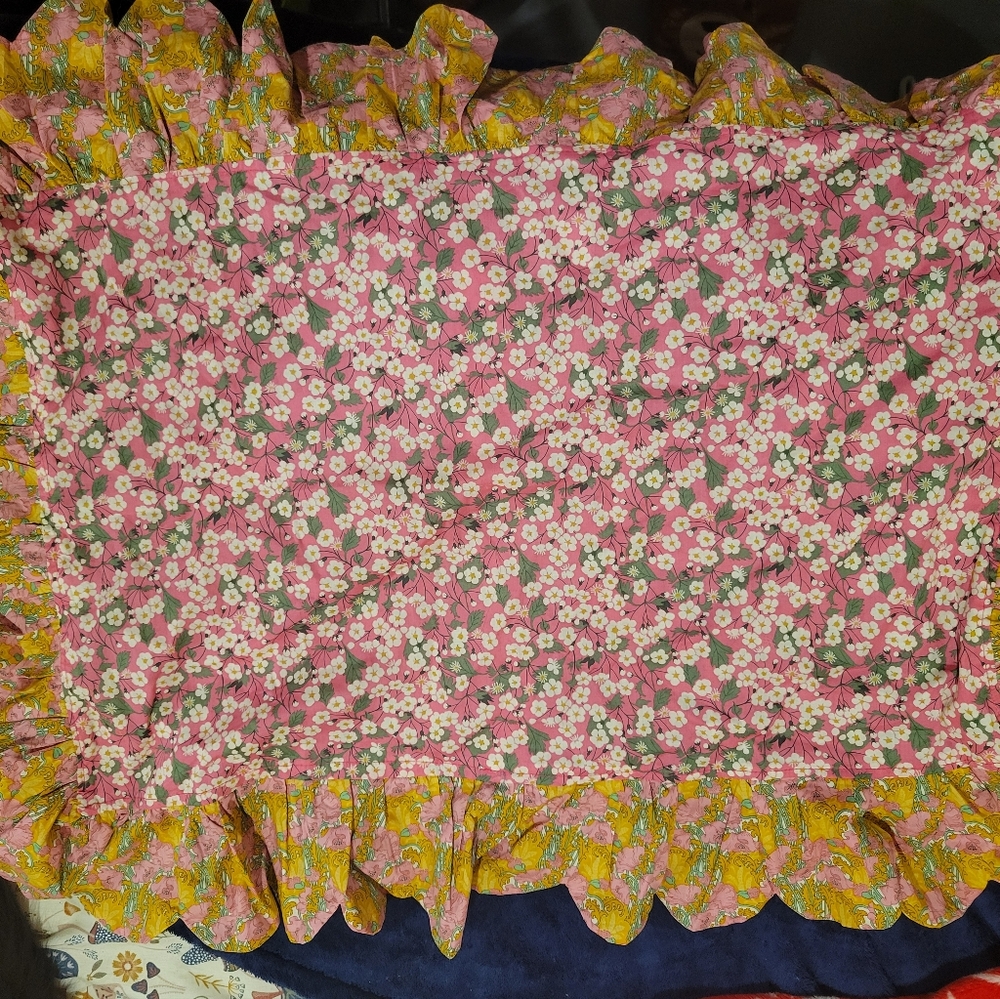 Anthropologie Pink Floral Ruffled Pillowcase Liberty Fabric Button Closure